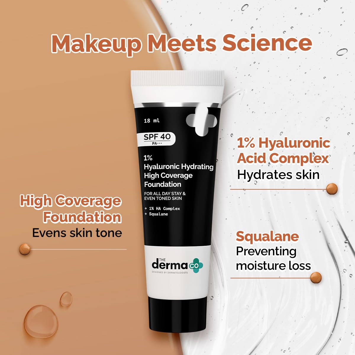 The Derma Co . 1% Hyaluronic Hydrating High Coverage Luminous Foundation Cream With Spf 40 Pa+++ For 12 Hour Long Stay 12 Hour Oil Control For All Skin Types & Even Skin 18Ml (02 Nude, 18Ml), 2 Count