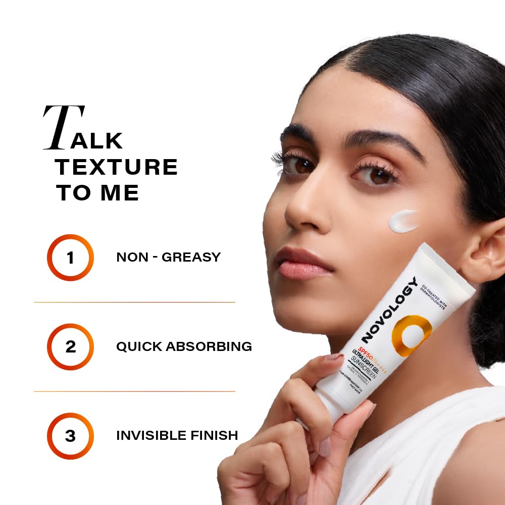 Novology SPF 50 PA++++ Ultralight Gel Sunscreen with Niacinamide| Fights Acne and Sebum| Non-Greasy, Quick Absorbing, Invisible Finish | Designed for Oily Skin| 50 g