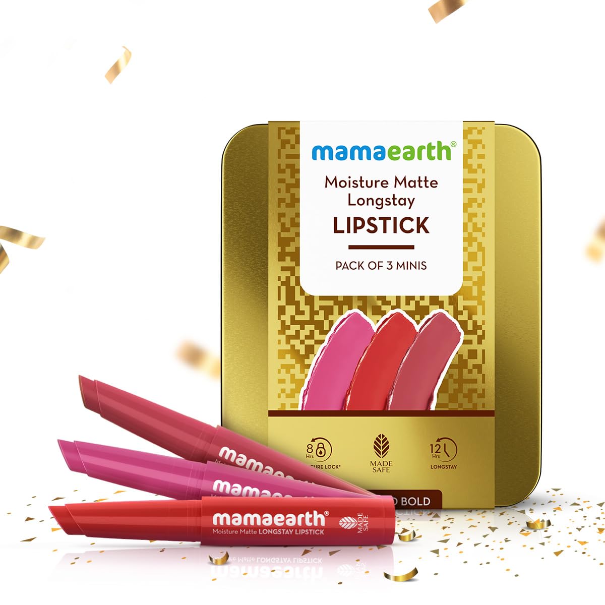 Mamaearth Moisture Matte Long Stay Lipstick Minis Gift Set - Bright and Bold | 8 Hour Moisture Lock | Up to 12-Hour Long Stay | Smudge Proof | Travel-Friendly| Gifting For Valentine's Day, Birthday, Anniversary & Special Occasions | Premium Gift Pack