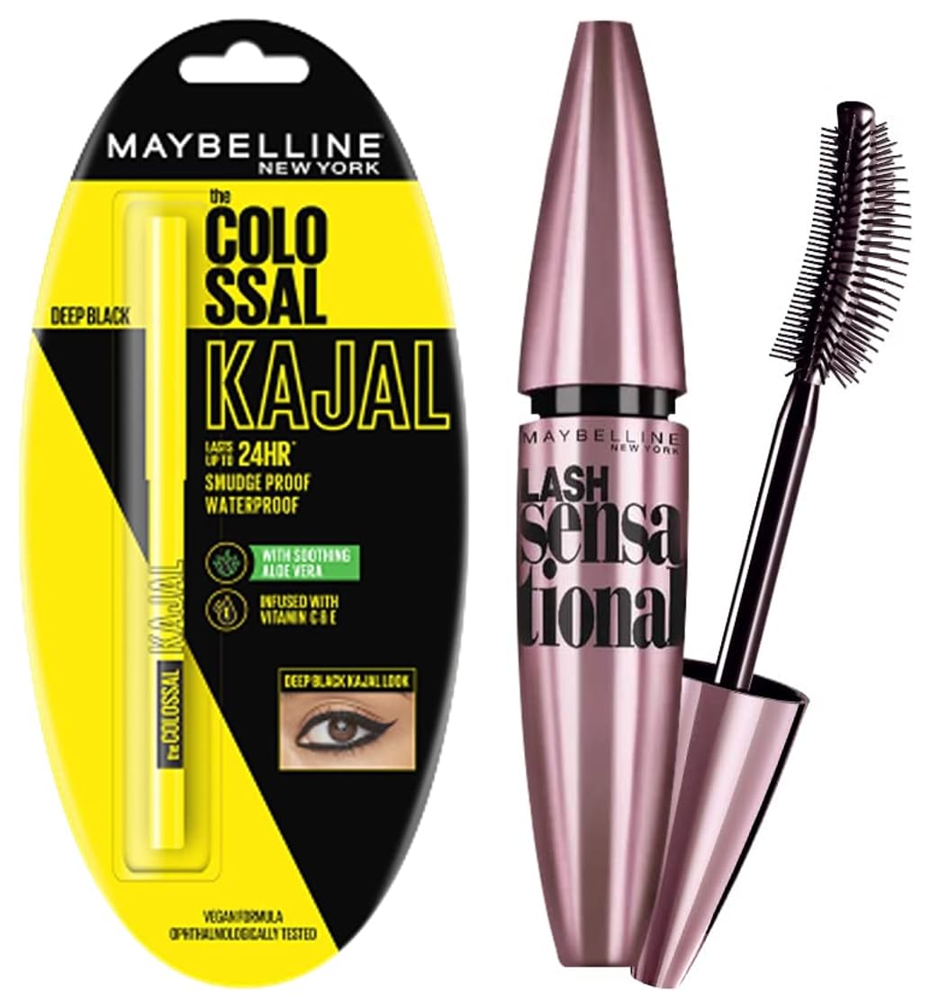 Maybelline New York Colossal Kajal, Black, 0.35g & Maybelline New York Lash Sensational Waterproof Mascara, Black, 10 ml