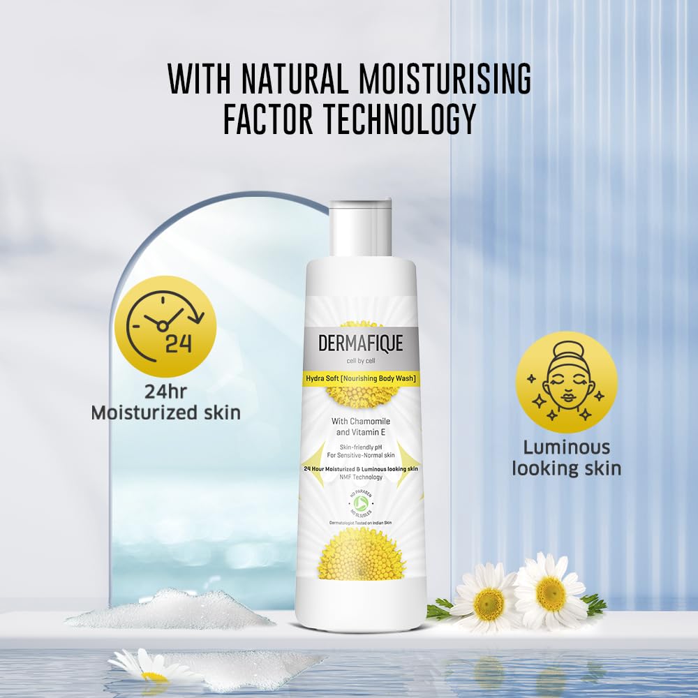 Dermafique Hydra Soft Nourishing Body Wash – 250ml, Showergel for Women & Men, No Parabens/SLS/SLES, With Vitamin E & Chamomile, Suitable for Sensitive - Normal Skin | Dermatologist Tested