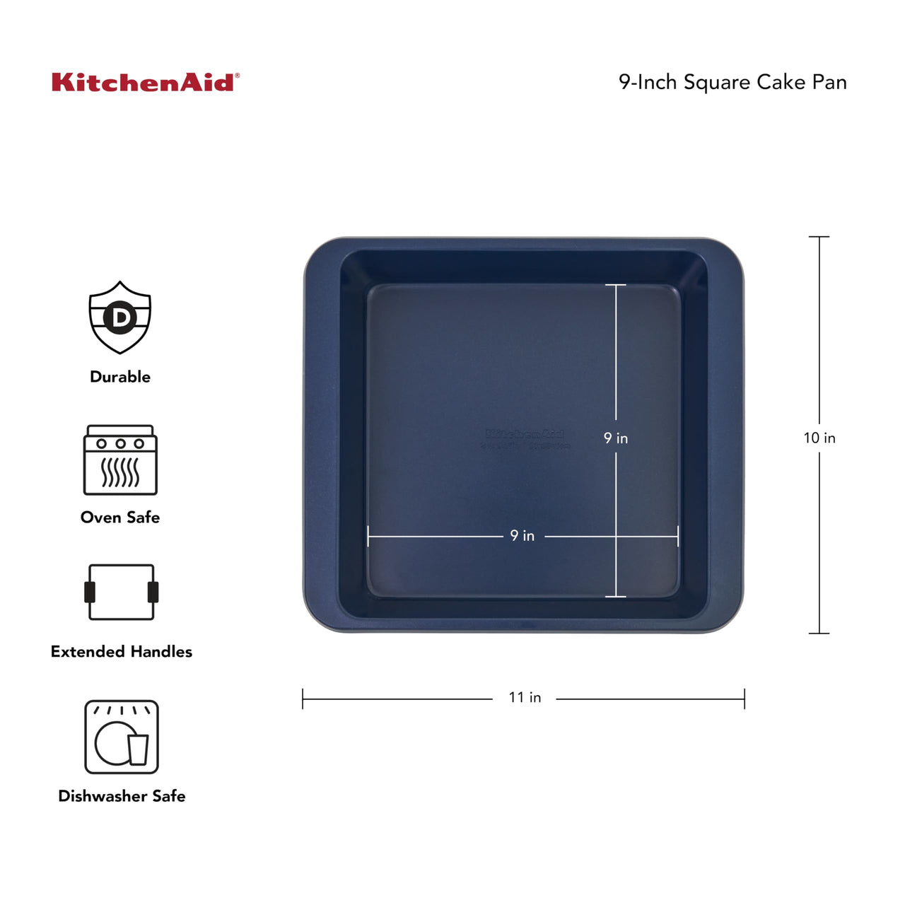 KitchenAid 9-In Nonstick Swiss Engineered Aluminized Steel Square Cake Pan, Dishwasher Safe, Ink Blue 9in