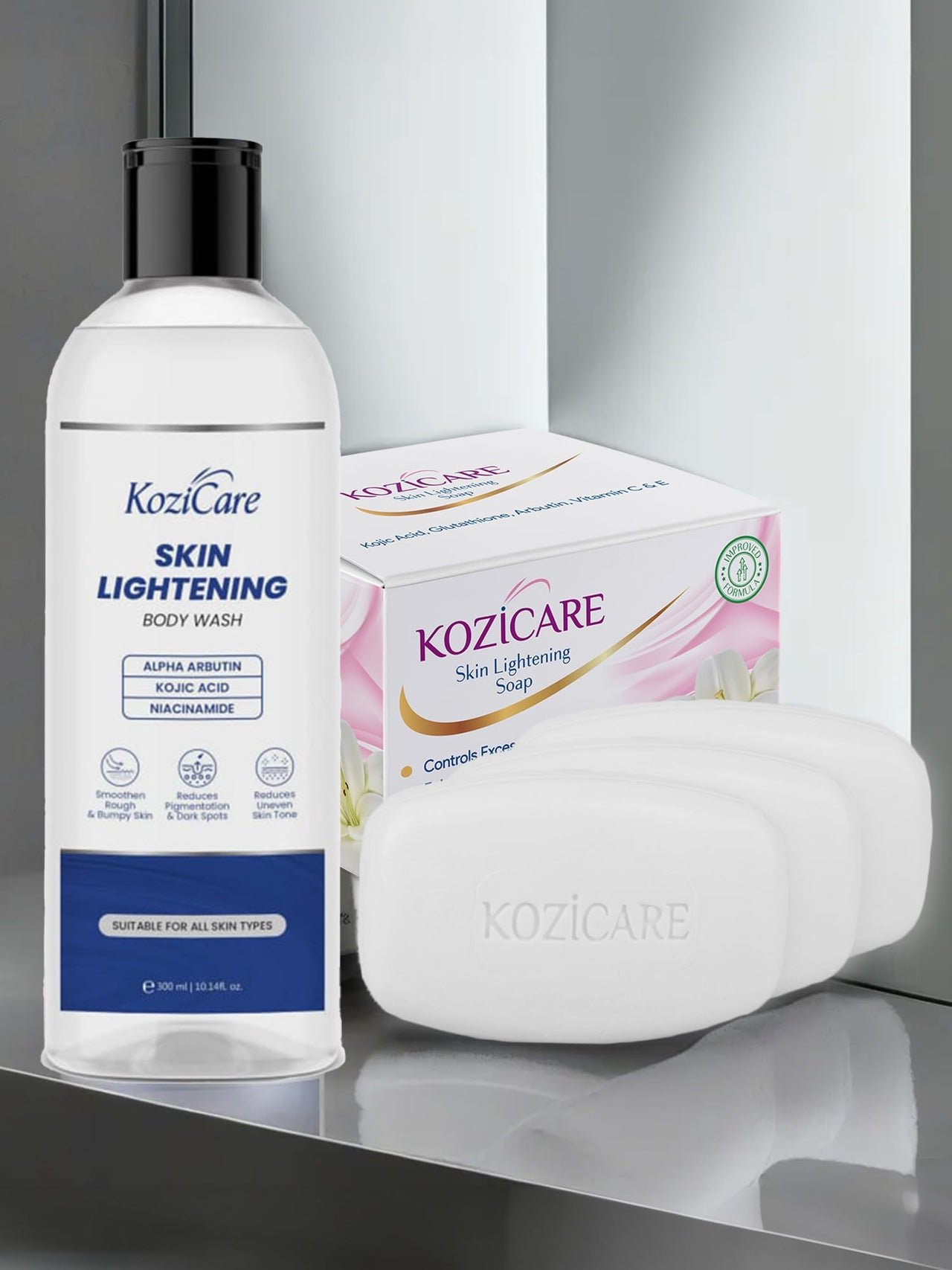 Kozicare Skin Whitening Soap | 3 Soaps For Bath & 1 Kojic Acid Body Wash | Body Tan Removal Soap | TFM Grade 1 Soaps For Bath| Body Wash Shower Gel | Bath Soap Combo Offers | Sabun Soap & Detan Soap