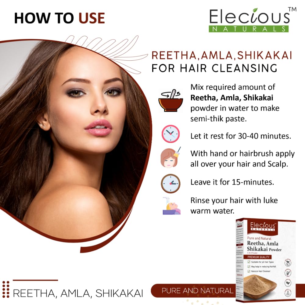 Elecious Pure Amla, Reetha, Shikakai Powder for Hair | Natural Hair Cleanser | 100% Natural, No Chemical or Preservative | SLS, Paraben-Free | Prevents Hairfall & Dandruff, Boost Hair growth