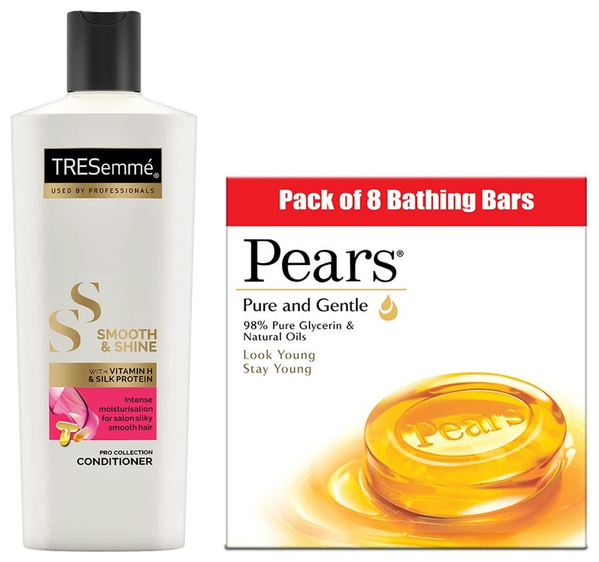 Pears Pure And Gentle Bathing Bar, 125g (Pack Of 8) & TRESemme Smooth and Shine Conditioner, 190ml