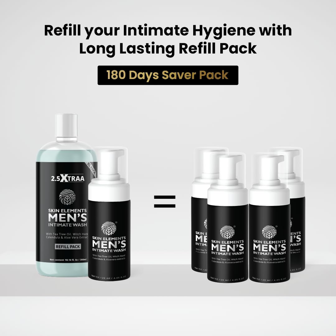 Skin Elements Men's Intimate Wash JUMBO Pack | with Refill | For 180 Days | 420 ml | pH Balanced Hygiene Foaming Wash | Prevents Bad Odor and Irritation| with Tea Tree Oil | Super Saver Pack |