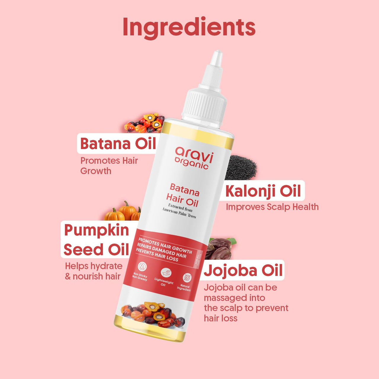 Aravi Organic Batana Hair Oil For Hair Growth With Pumpkin Oil - Derived From American Oil Palm Nut - 200 ml