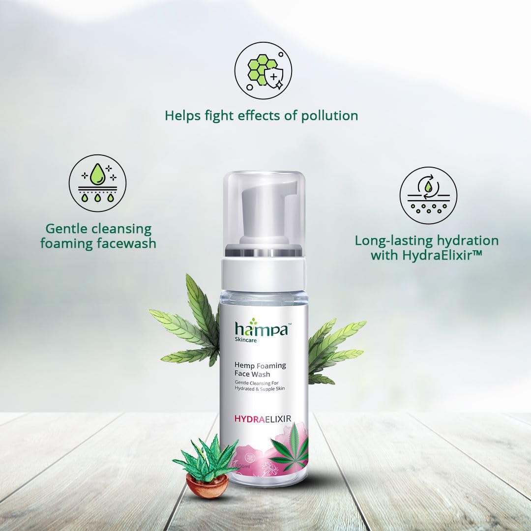 Hampa Hemp Foaming Facewash150ml, for Gentle, Mild & Hydrating Cleansing, Doesn't Dry Out Your Skin, for All Skin Types, with Hemp, Aloe Vera, Cucumber and Hyaluronic- No toxins