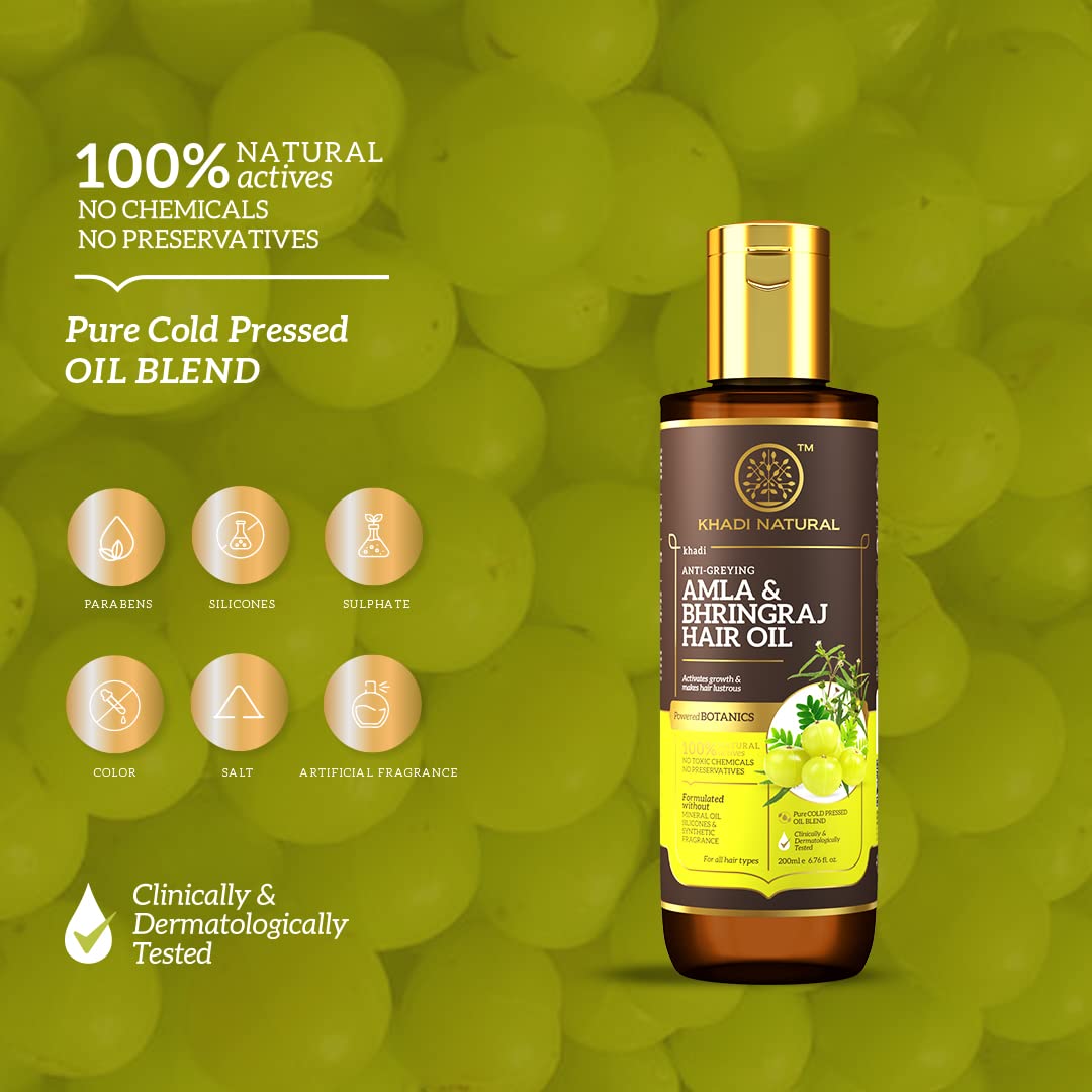 Khadi Natural Amla & Bhringraj Hair Oil | Herbal Oil for Boosting Hair Growth | Non-sticky Hair Oil | Silicone & Mineral Oil Free | Suitable for All Hair Types | Powered Botanics|200ml