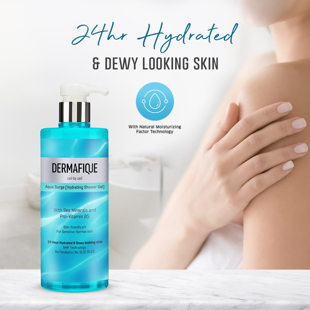 Dermafique Aqua Surge Shower Gel 500ml, Body Wash for Women & Men, No Parabens/SLS/SLES, with Sea Mineral & Pro Vitamin B5, For Hydrated Skin, Suitable for Sensitive-Normal Skin | Dermatologist Tested