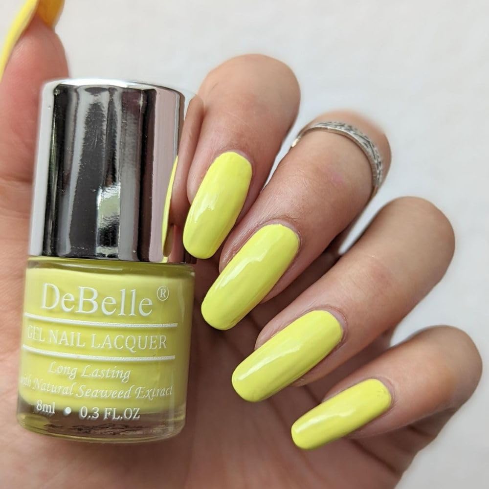 DeBelle Gel Nail Polish Lemon Tart (Lemon Yellow)|Non UV - Gel Finish |Chip Resistant | Seaweed Enriched Formula| Long Lasting|Cruelty and Toxic Free| 8ml Glossy Finish