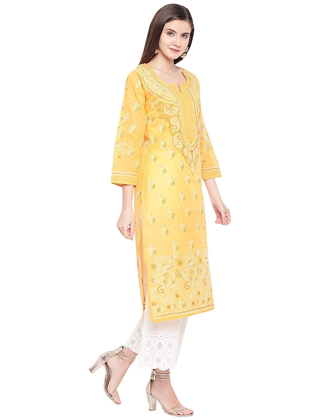 Ada Hand Embroidered Lucknowi Chikankari Straight Cotton Kurti Kurta for Women A220999 White 2XL