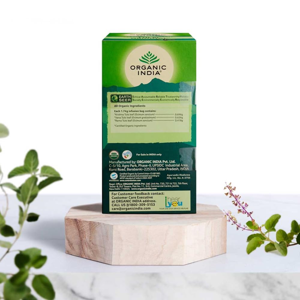 A TATA Product - Organic India Tulsi Original - 25 Tea Bags, Caffeine-Free Herbal Tea with Tulsi, Natural Detoxifier, Rich in Antioxidants, Convenient Staple-Free Bag