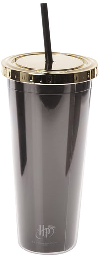 Spoontiques - Harry Potter Tumbler - Hogwarts Crest Foil Cup with Straw - 20 oz - Acrylic -Black