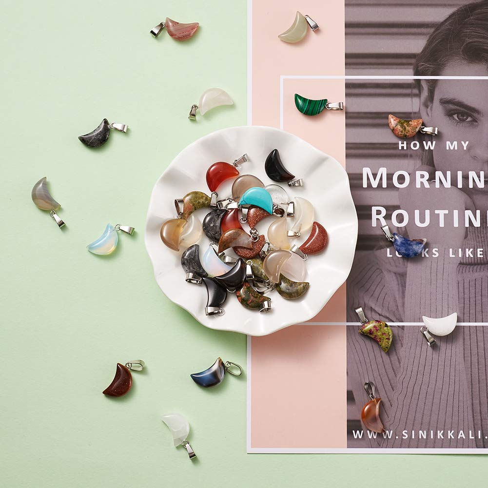 FASHEWELRY 50Pcs Crescent Moon Shaped Mixed Stone Pendants Healing Crystal Quartz Chakra Reiki Gemstone Charms for Necklace Jewelry Making Hole: 2x7mm 1-Mixed Color-Moon-Random