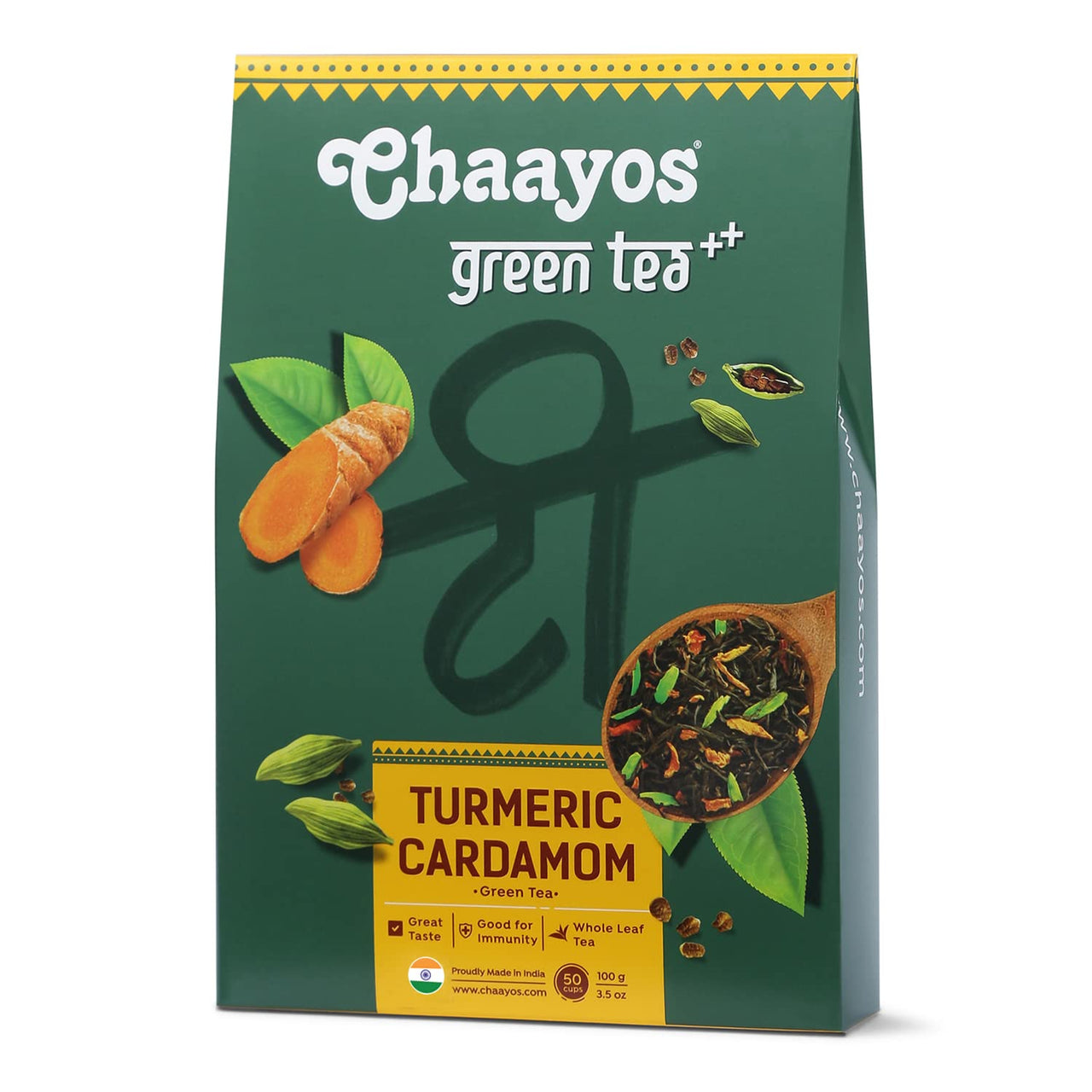 Chaayos Turmeric Cardamom Green Tea | Turmeric Cardamom Tea | Whole Leaf Loose Tea | Immunity Boosting - 100g [50 Cups] | Antioxidant Green Tea | Green Tea