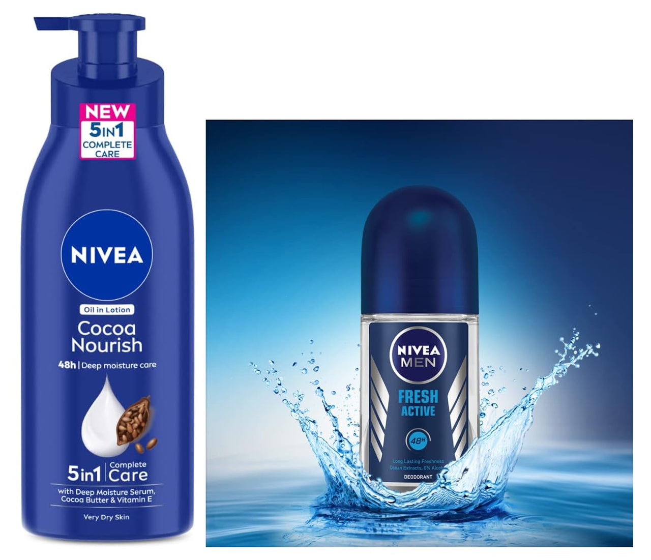 Nivea Body Lotion For Very Dry Skin, Cocoa Nourish, With Coconut Oil & Cocoa Butter, For Men & Women, 400 ml&Nivea Fresh Active Deodorant Roll On For Men, 50ml