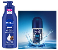 Nivea Body Lotion For Very Dry Skin, Cocoa Nourish, With Coconut Oil & Cocoa Butter, For Men & Women, 400 ml&Nivea Fresh Active Deodorant Roll On For Men, 50ml