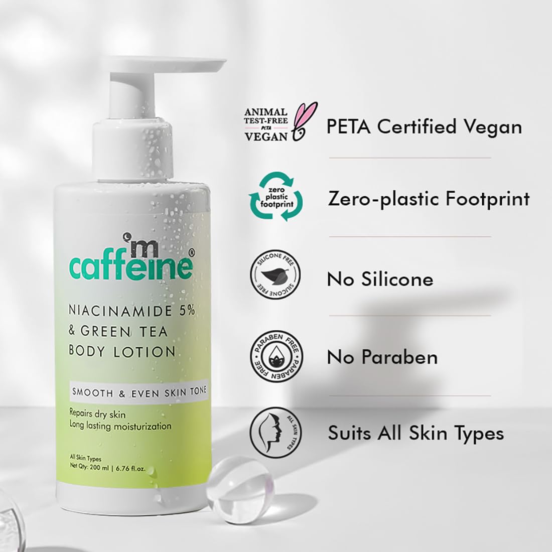 mCaffeine Deep Moisturizing Green Tea & 5% Niacinamide Serum Body Lotion | All Season Moisturizer for Body with Niacinamide Serum | Non-Sticky Body Lotion for Women & Men