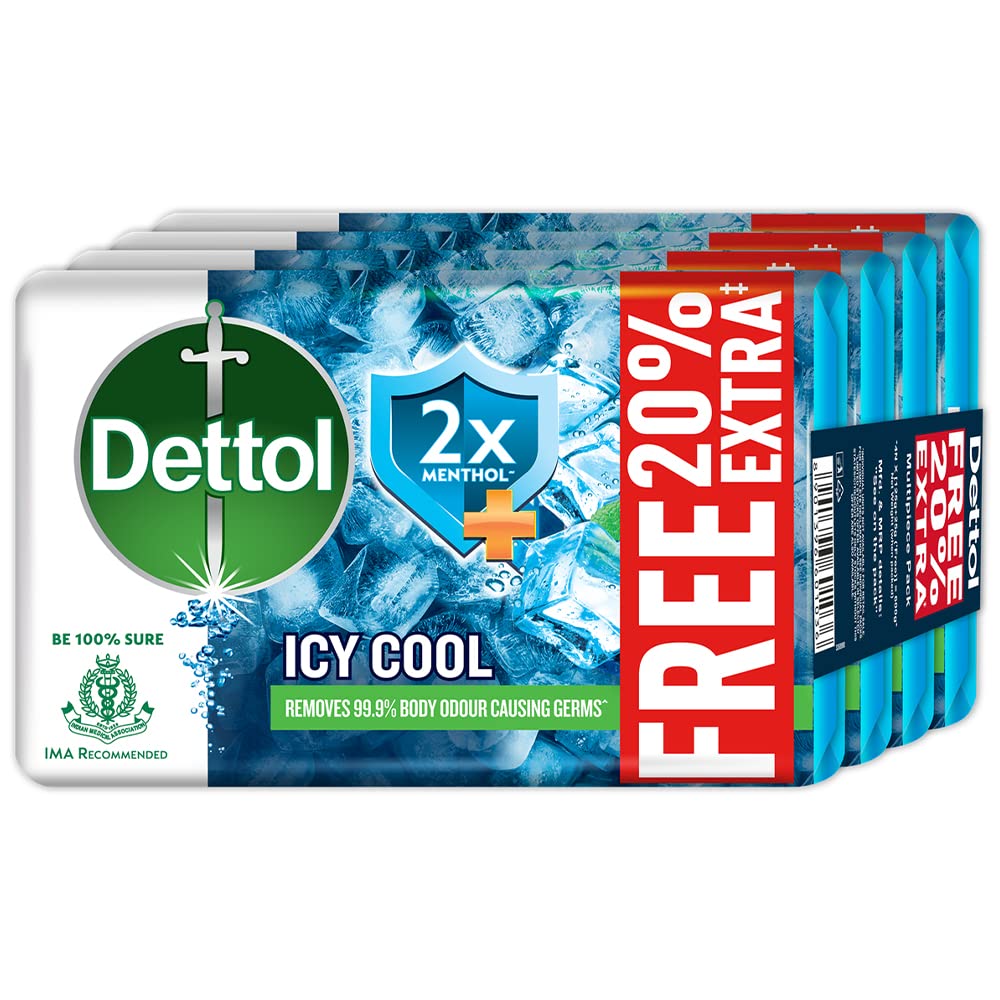 Dettol Icy Cool Bathing Soap Bar With 2x Menthol (600gm), 125gm + 20% Extra Free, Pack of 4