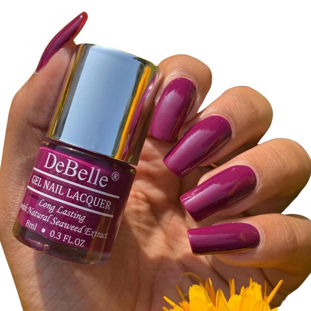 DeBelle Gel Glossy Finish Nail Polish Luxe Lotus (Dark Purple), 8 Ml - Enriched With Natural Seaweed Extract, Cruelty Free, Toxic Free