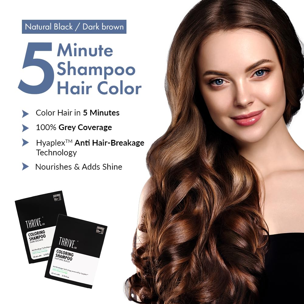 ThriveCo Coloring Shampoo, Dark Brown | 5-Minute Quick Color | 100% Grey Coverage | Pack of 4 X 20 ml | Ammonia Free | Long Lasting Color, Glossy Hair | With Hyaplex™ |80 ML