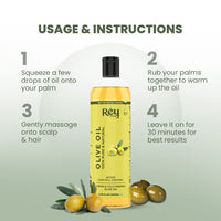 Rey Naturals Extra Virgin Olive Oil For Hair | Pure Olive Oil for Skin | Deeply Moisturizes, Repairs And Strengthens | olive oil for baby massage | Good Hair Texture | Adds Shine - 200ml