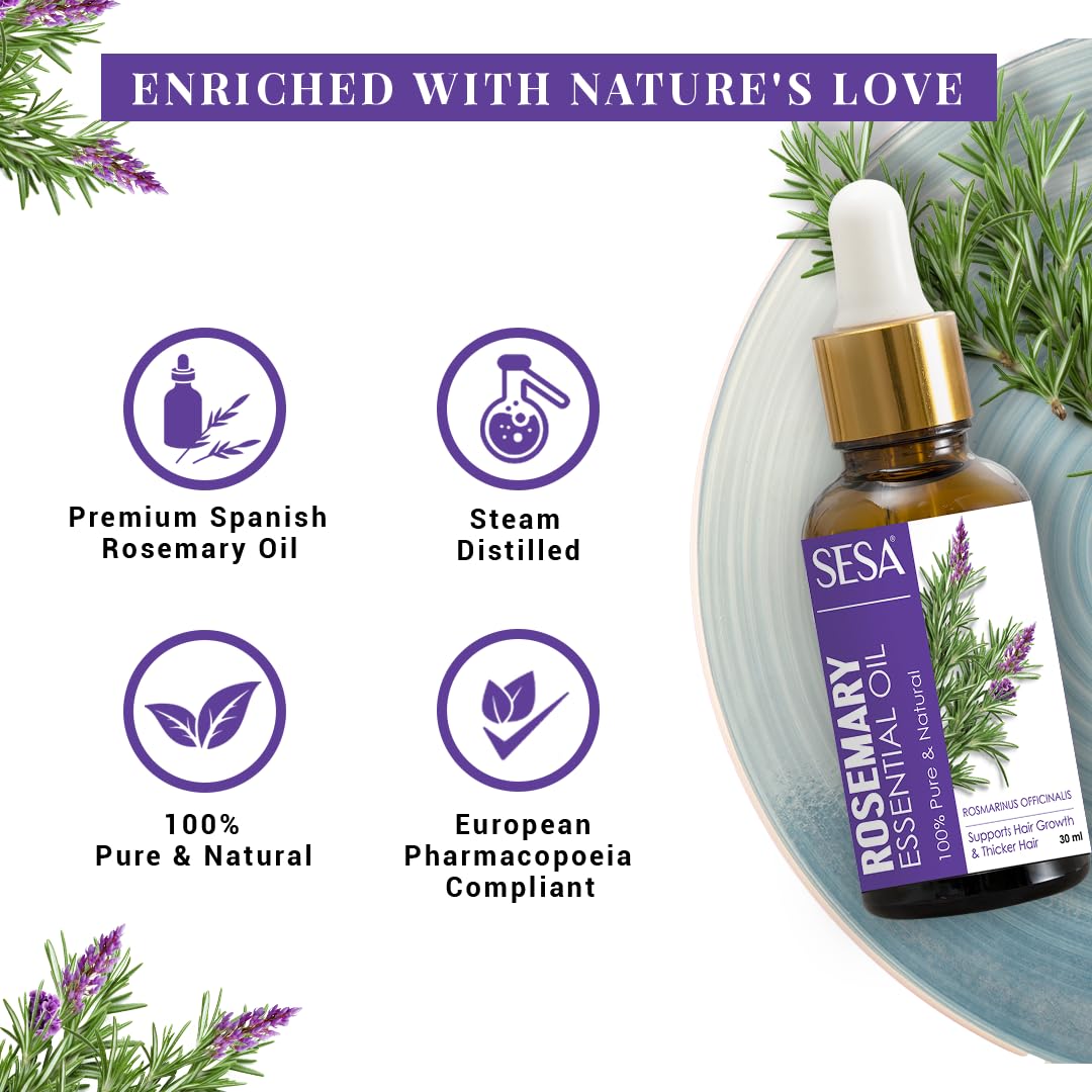 Sesa Rosemary Essential Oil For Hair Growth Nourishes Skin Hair Fall Control Oil For Women and Men 100% Pure & Natural Rosemary Oil, 30 ml