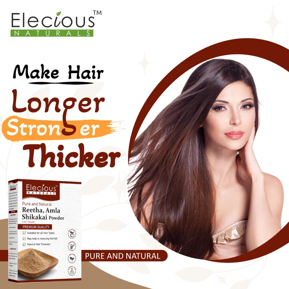 Elecious Pure Amla, Reetha, Shikakai Powder for Hair | Natural Hair Cleanser | 100% Natural, No Chemical or Preservative | SLS, Paraben-Free | Prevents Hairfall & Dandruff, Boost Hair growth