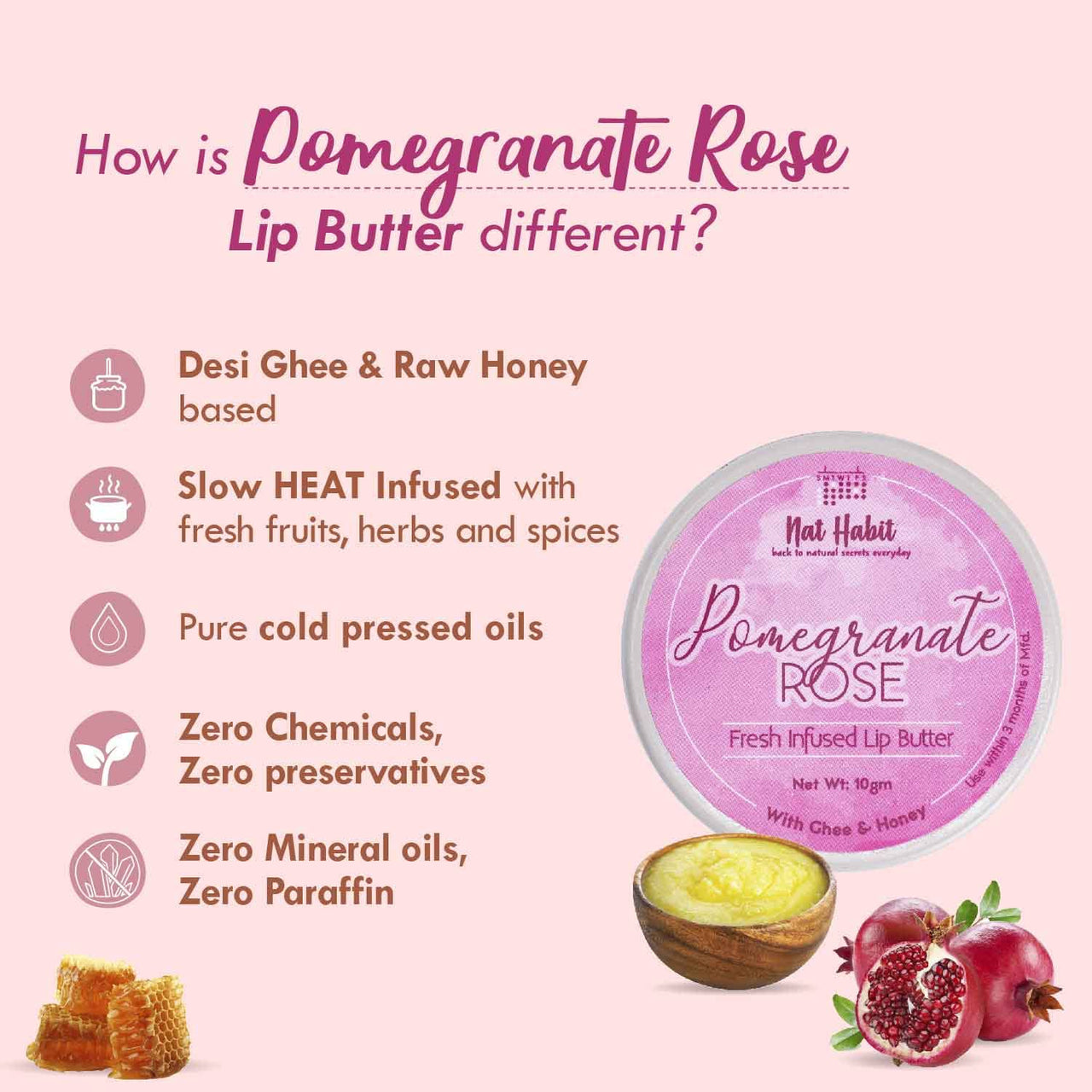 Nat Habit Lip Balm Fresh Infused Pomegranate Rose Lip Butter With Desi Ghee & Raw Honey For Lip Pigmentation, Lightening, Dark And Chapped Lips (10gm) (Pack of 2)