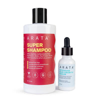 Arata Grow Strong Combo | Intensive Hair Growth Serum & Super Shampoo | Boost Hair Growth | Reduce Hair Loss | Smooth & Shiny Hair | 3% Redensyl, Biotin, Protein, Vitamins | 300ml + 30ml