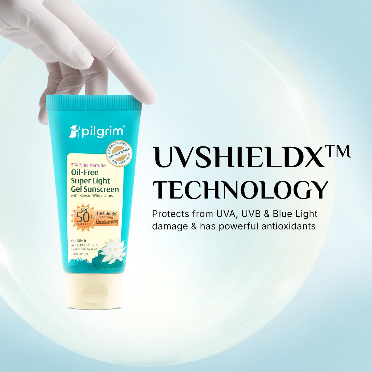 Pilgrim 5% Niacinamide Oil-Free Super Light Gel Sunscreen For Oily Skin SPF 50 PA++++ with Korean White Lotus | No White Cast, Dry Touch, Fast Absorbing | UVA/UVB , Broad Spectrum Protection | Prevents Tanning | For Women and Men | 45ml
