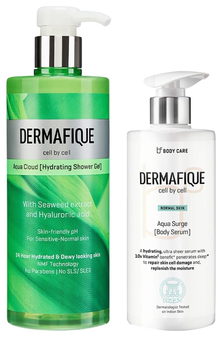 Dermafique Aqua Surge Body Serum with Shea Butter 300ml Body Lotion Aqua Cloud Hydrating Shower Gel – 500ml Body Wash with Seaweed Extracts Hyaluronic Acid Suitable for Sensitive Normal Skin
