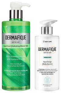 Dermafique Aqua Surge Body Serum with Shea Butter 300ml Body Lotion Aqua Cloud Hydrating Shower Gel – 500ml Body Wash with Seaweed Extracts Hyaluronic Acid Suitable for Sensitive Normal Skin