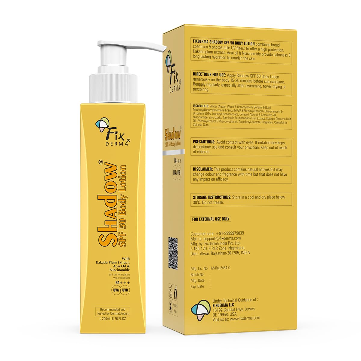 Fixderma Shadow Sunscreen Body Lotion with SPF 50 PA+++ & 2% Niacinamide | Body Sunscreen | Prevents Sun Tan, UVA & UVB Protection with No White Cast For Women & Men - 200 ml