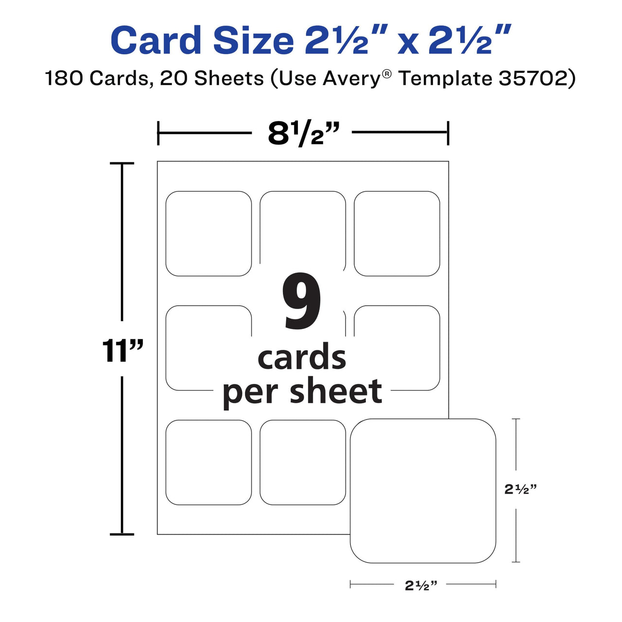 Avery Clean Edge Printable Square Cards with Sure Feed Technology, Rounded Corners, 2.5" x 2.5", White, 180 Blank Cards for Inkjet Printers (35702)