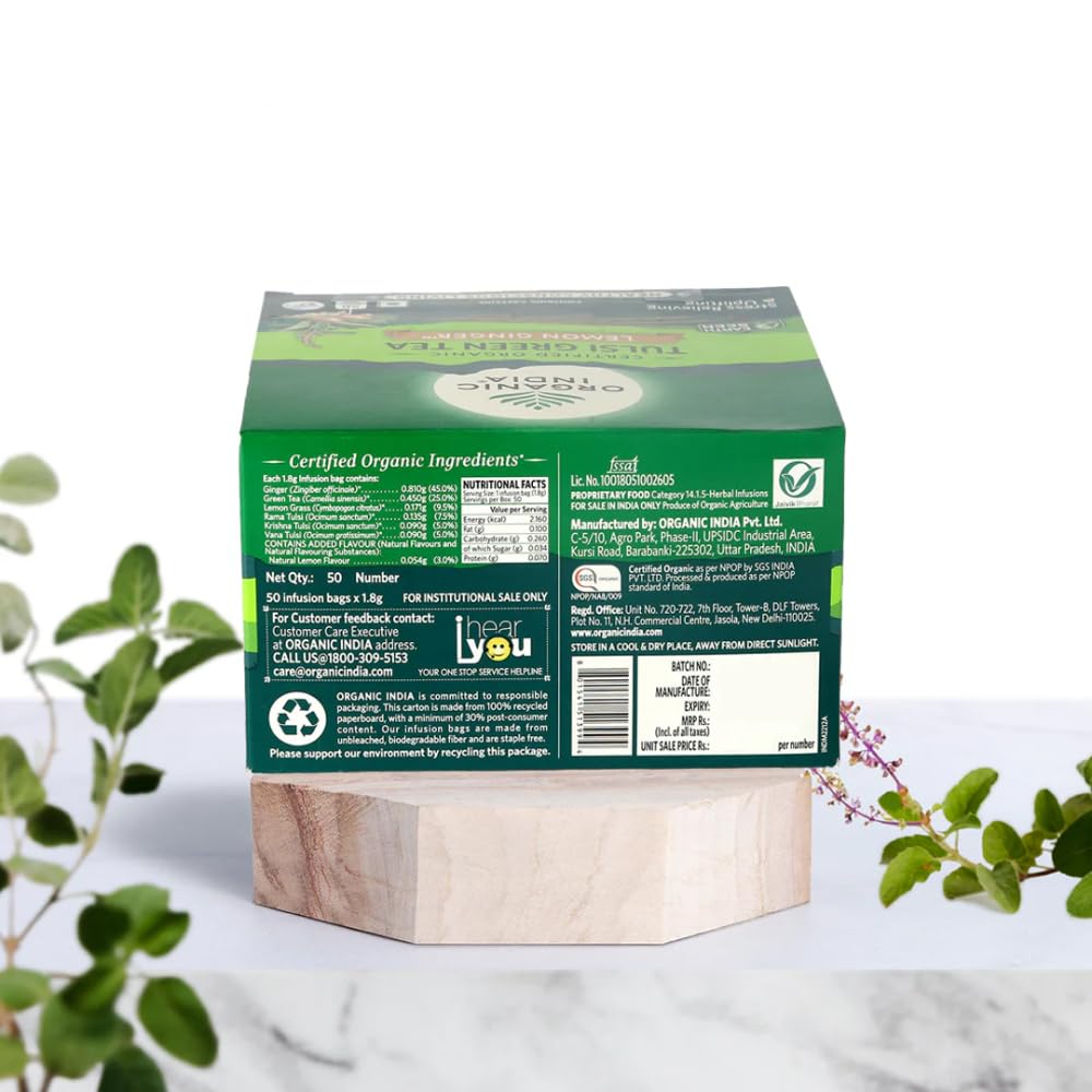 A TATA Product - Organic India Tulsi Green Tea Lemon Ginger - 50 Teabags, Herbal Blend with Green Tea, Tulsi, Lemon & Ginger, Supports Digestion, Refreshing Taste, Natural Ingredients