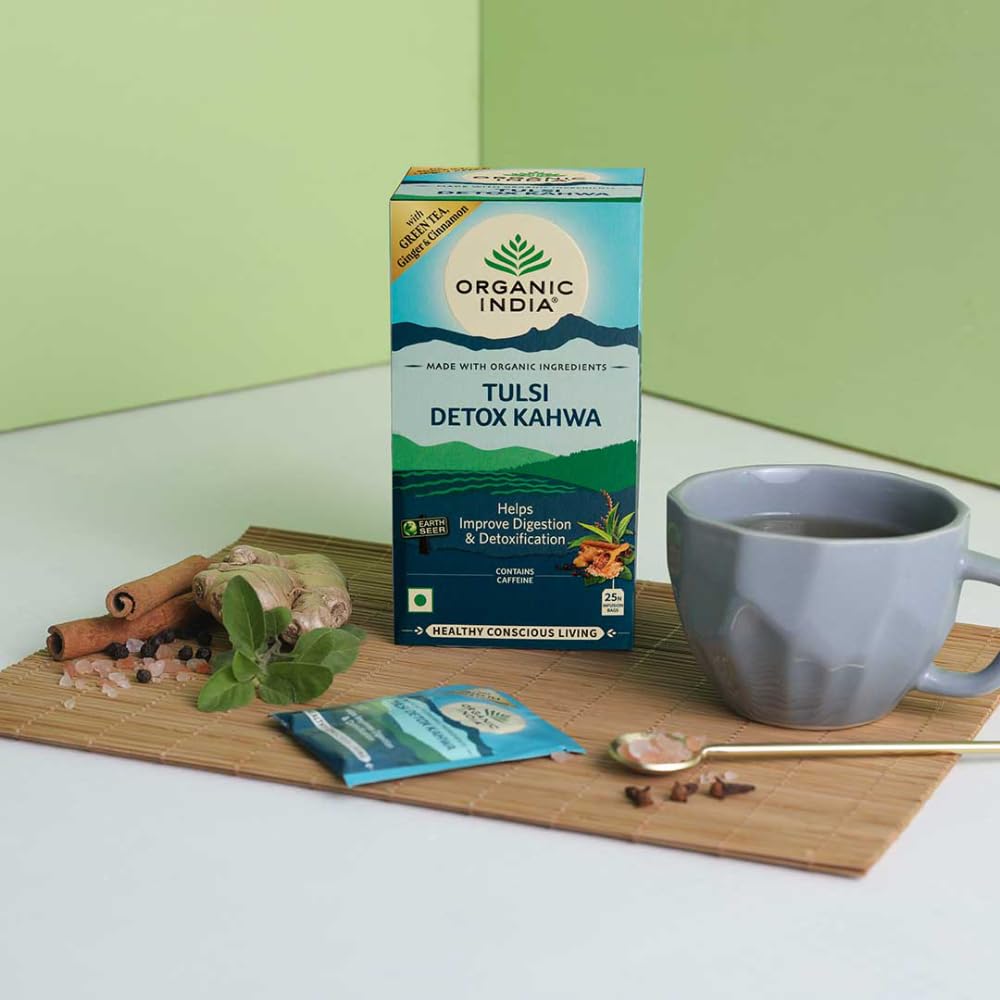 A TATA Product - Organic India Tulsi Detox Kahwa - 25 Tea Bags, Helps Improve Digestion & Detoxification, Rich in Antioxidants, Made with Tulsi, Ginger, Clove, and Green Tea