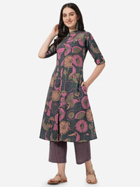 MIRCHI FASHION Women's  Cotton Bagru Printed A-Line Kurta Set with Plazzo Pant L Grey, Pink
