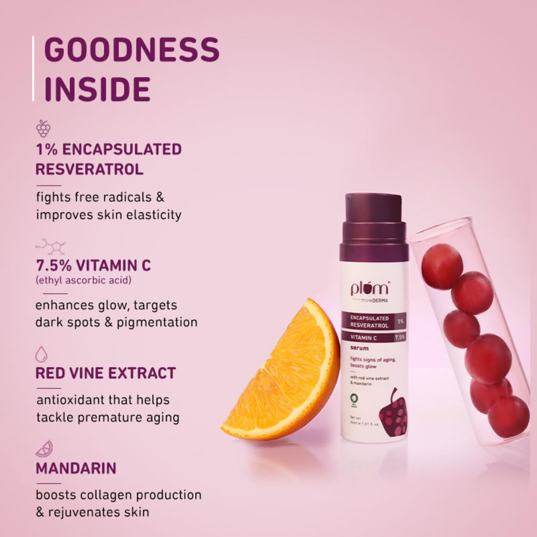 Plum 1% Encapsulated Resveratrol & 7.5% Vitamin C Face Serum | Fights Signs of Ageing | Boosts Collagen Production | Enhances Glow | Lightweight & Quick-absorbing | 100% Vegan | 30 ml
