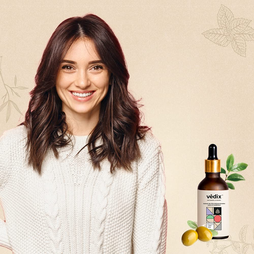 Vedix Sushath No-Frizz Intense Moisture Solution Leave In Conditioner for Chemically Treated & Coloured Hair, Customized Ayurvedic Hair Serum With Castor + Shea Butter + Olive - 50ml