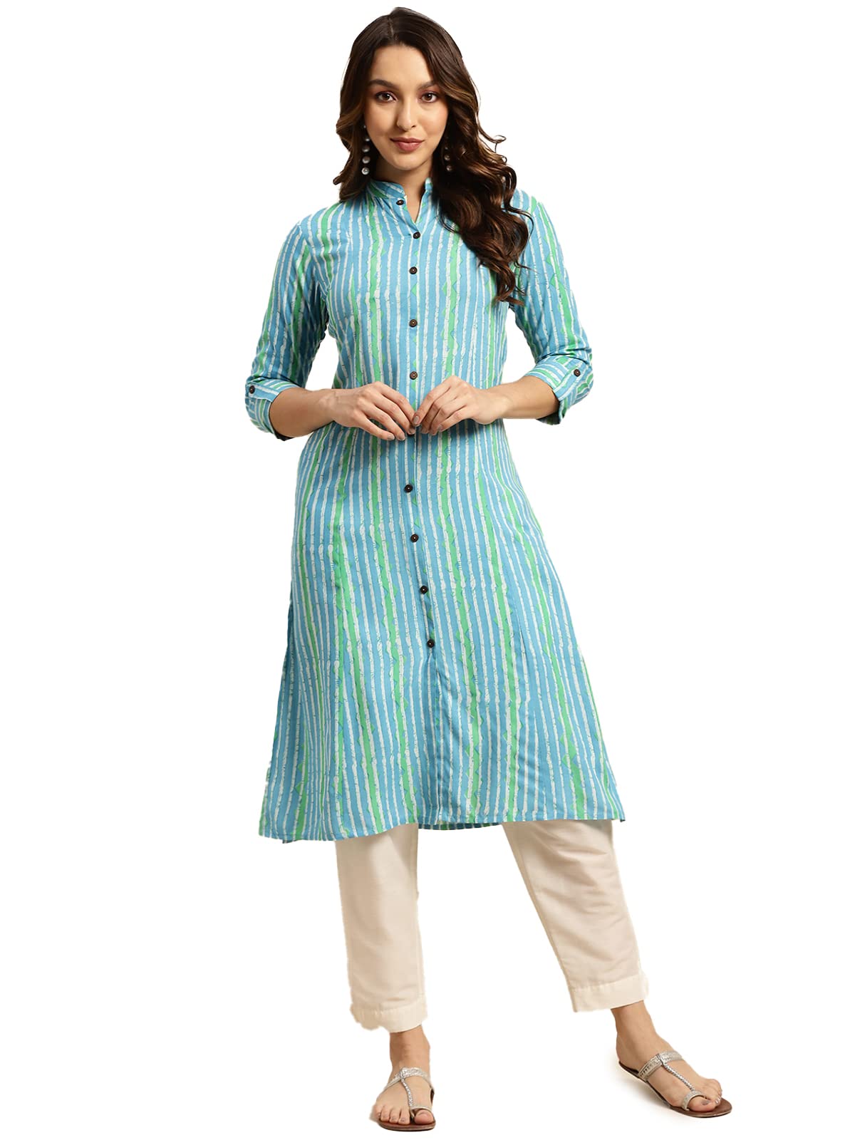 rangita Women Rayon Printed Calf Length Kalidar Kurti with Front Button Placket