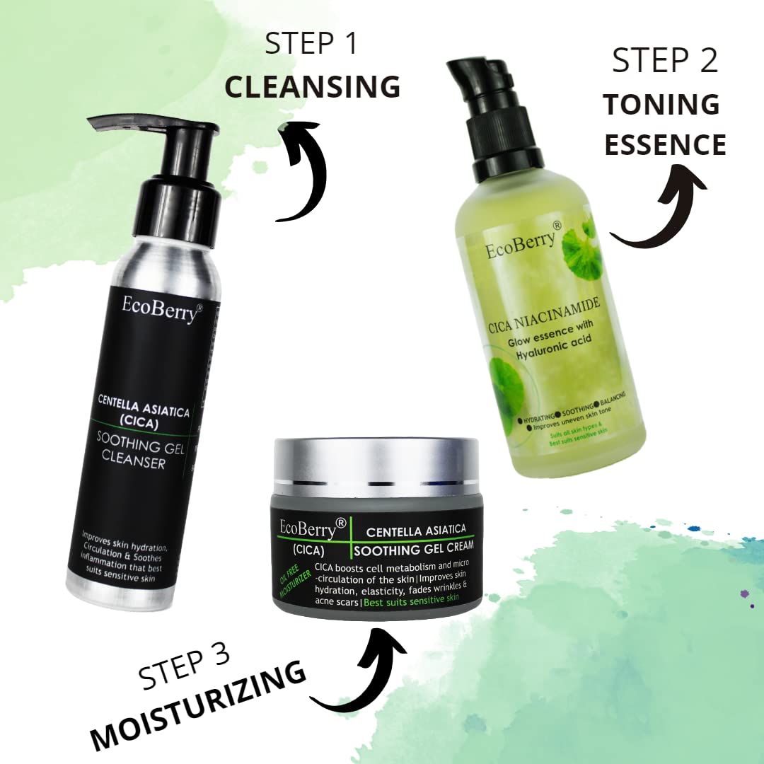 EcoBerry Centella Asiatica (CICA) Niacinamide Glow Essence With Hyaluronic Acid, Oil Free Essence, Moisturizer, Anti-Aging, Brightens Skin, Natural & Handmade, Chemical Free, Paraben Free, Vegan