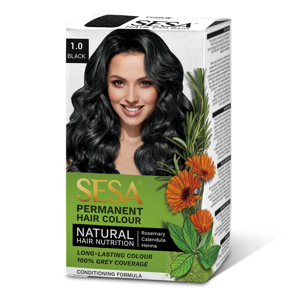 SESA Natural Black Hair Colour For Women and Men Long Lasting Natural Shiny Smooth Hair with Rosemary, Calendula and Heena, 100% Grey Coverage - (Natural Black 1.0)