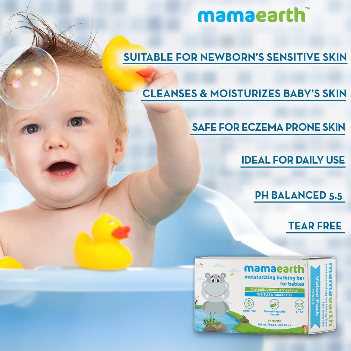 Mamaearth Moisturizing Baby Bathing Soap Bar, pH 5.5, with Goat Milk & Oatmeal. Pack of 2, 75gms each