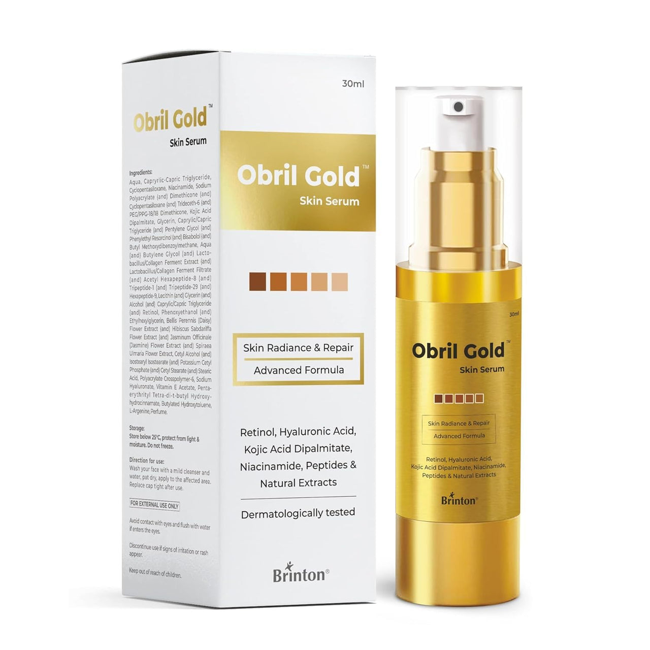 Brinton Obril Gold Skin Serum for Hyperpigmentation with Hyaluronic Acid for Dark Spot Removal, Tan & Acne Marks | Reduces Wrinkles & Fine Lines - 30ml x Pack of 3