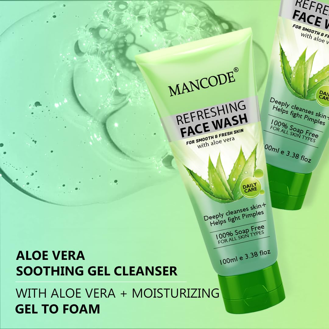 Mancode Refreshing Face Wash 100ml with Aloe Vera | Deep Cleansing & Pimple Fighting | Removes Dirt & Oil for Smooth, Fresh Skin | 100% Soap-Free Face Wash for Men & Women