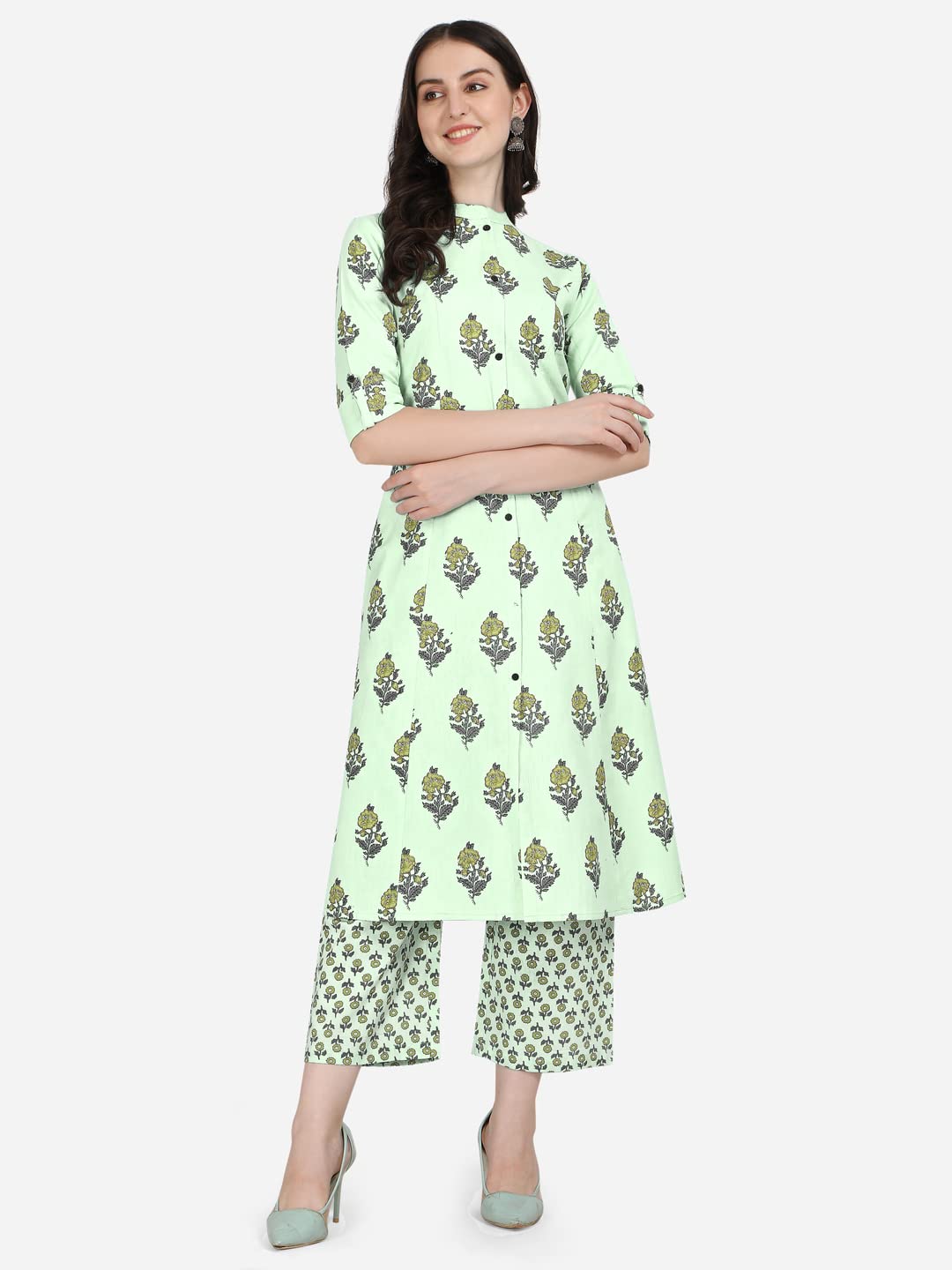 MIRCHI FASHION Women's  Cotton Bagru Printed A-Line Kurta Set with Plazzo Pant L Grey, Pink