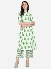 MIRCHI FASHION Women's  Cotton Bagru Printed A-Line Kurta Set with Plazzo Pant L Grey, Pink