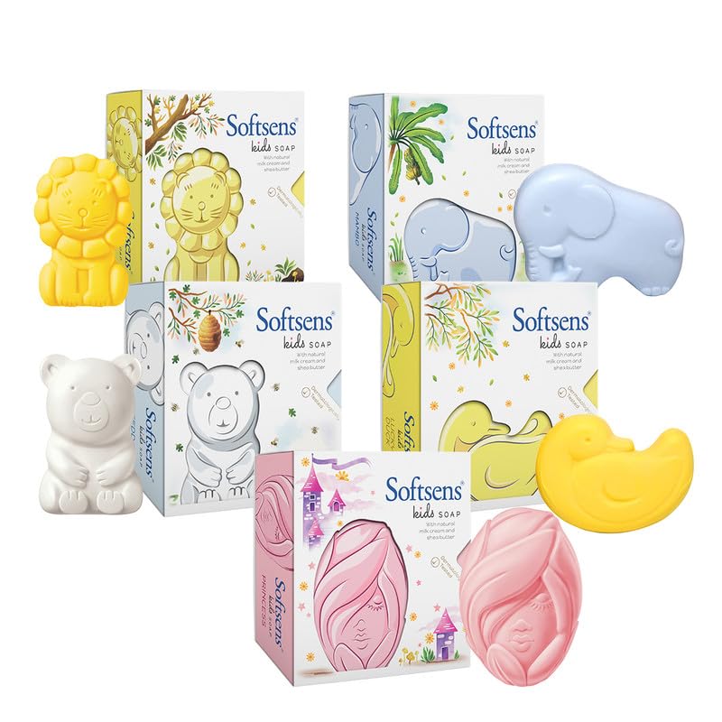 Softsens Assorted Pack of 5 Kids Soap | Gentle & Nourishing with Shea Butter & Milk Cream | Dermatologist Tested and Approved (75gm)
